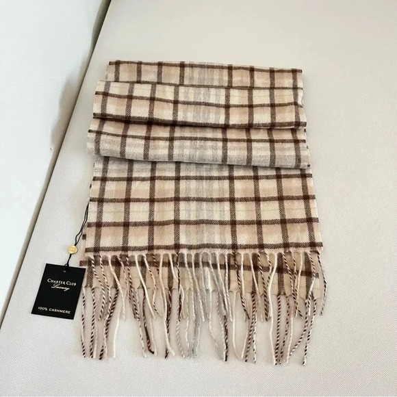 Charter Club Luxury Cashmere Plaid Scarf Ivory Neutral 2-Ply Lightweight Unisex - Picture 1 of 7